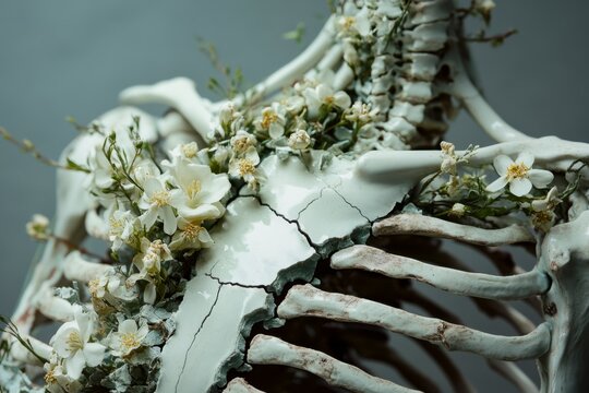 Decorative Bone Ribcage Sculpture Adorned with White Flowers, Conceptual Art Object