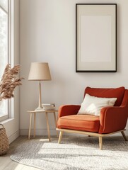 A red upholstered chair and lamp against a white wall
