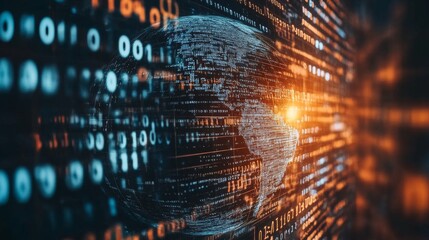 Visualization of a digital world map surrounded by binary data streams at night