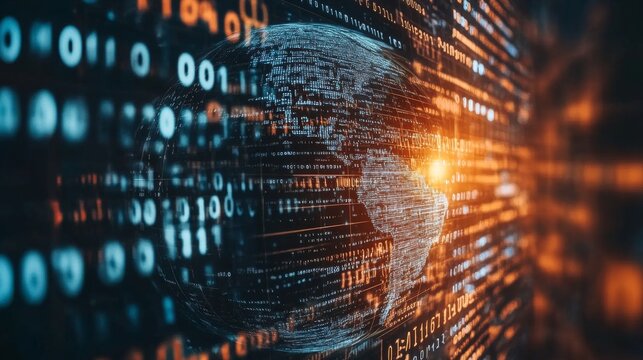 Visualization of a digital world map surrounded by binary data streams at night