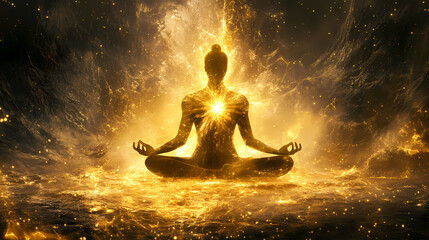 Radiant meditative figure bathed in golden cosmic energy symbolizing spiritual awakening enlightenment and the power of universal connection. Luminous - Cave. Illustration