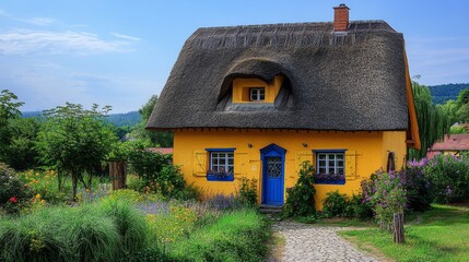 Fototapeta premium Charming yellow thatched-roof cottage surrounded by colorful flowers in a picturesque rural setting