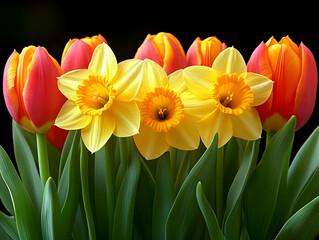 Obraz premium Stunning Daffodils and Tulips Bloom Brightly