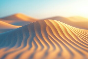 Golden desert dunes at sunset, rippled sand textured landscape.