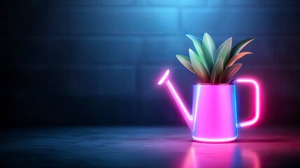 Neon pink watering can with plant against a dark brick wall.