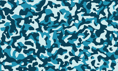 Vector illustration of abstract camouflage fabric design. Camouflage dark blue, blue and turquoise pattern, endless modern background, wallpaper. For hunting and military purposes.