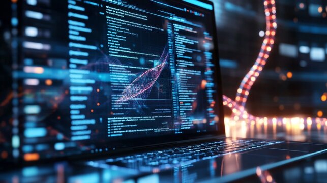 High-tech laptop displaying complex code and data visualization in a modern workspace during night hours - Powered by Adobe