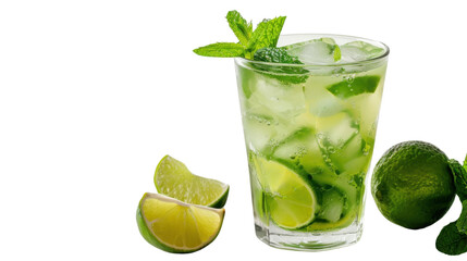 Refreshing mojito cocktail with lime, mint, and ice on transparent background