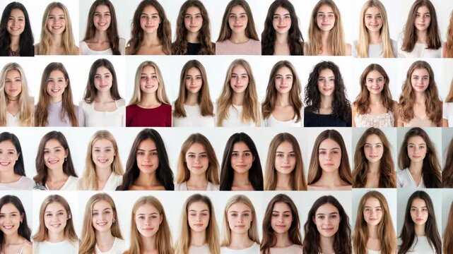 realistic video many attractive caucasian teenage girls. The background is white. The portraits style are usually used for passport photography. looking at camera and looking around