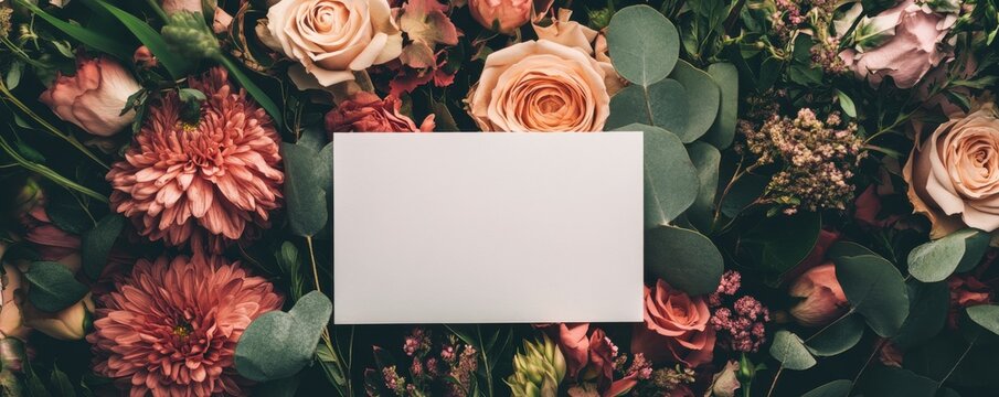A blank greeting or invitation card mockup is featured in the image along with an envelope and a bouquet of flowers The white card provides ample copy space for customization