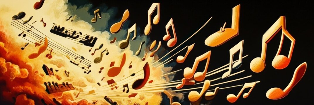 Colorful musical notes scatter across a burning sky
