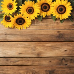 Obraz premium Rustic wooden background with bright yellow sunflowers, warm country aesthetic