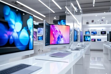 Naklejka premium Consumer electronics showroom with sleek design. Tech displays, monitors show vivid colors, patterns. some devices like laptops, PCs on display, 32k Resolution