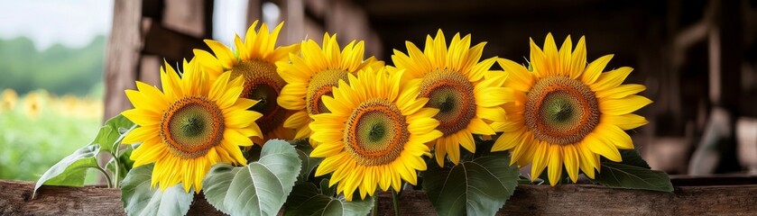 Obraz premium Dreamy countryside still life featuring sunflowers and rustic wooden beams