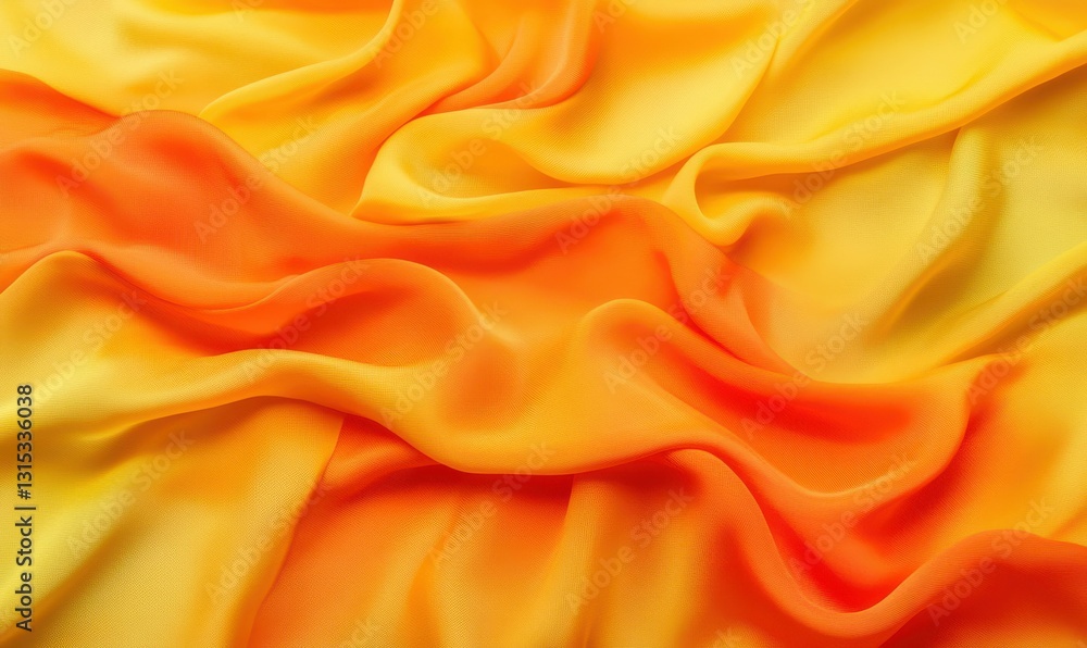 Poster bright yellow and orange gradient fabric flowing in soft waves, dynamic folds creating a bold and lu