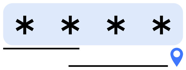 Password field with four black asterisks, horizontal lines as text, and a blue GPS pin. Ideal for cybersecurity, privacy, login, navigation, protection, online access flat simple metaphor