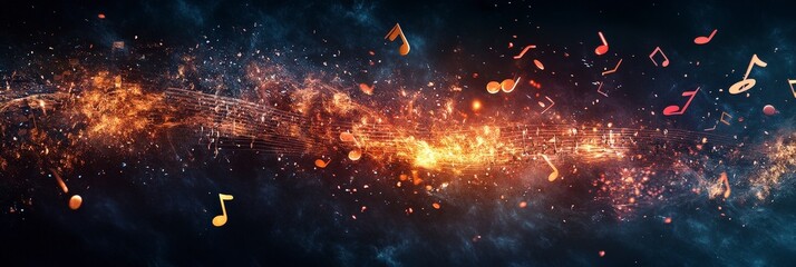 Musical notes glide along an ethereal cosmic journey