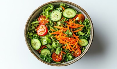 A bowl of mixed green salad with cucumber slices, cherry tomatoes, and shredded carrots, isolated on a white background