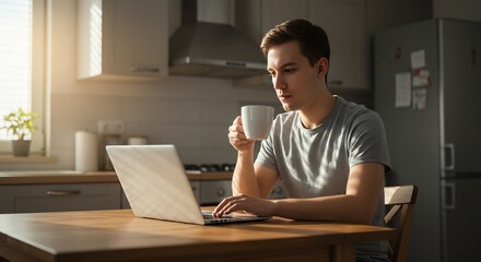 Obraz premium Young Man Working From Home on Laptop Computer While Drinking Coffee