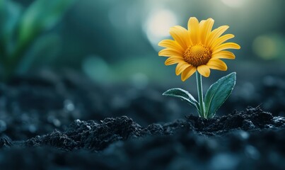 Close-up of a beautiful yellow daisy growing from the soil, symbolizing purity and growth.