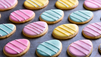 Easter Egg Sugar Cookies with Pastel Blue, Pink and Yellow Icing