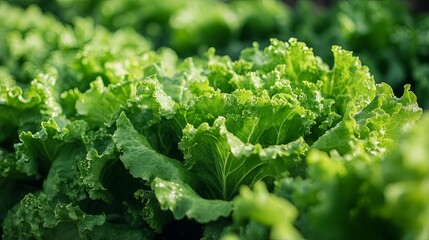 Fresh green lettuce in a vibrant garden patch with morning sunlight illuminating the leaves