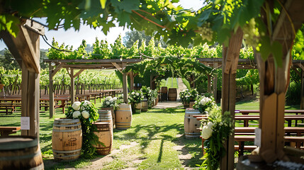 A vineyard wedding ceremony with lush green grapevines and rustic wooden decor