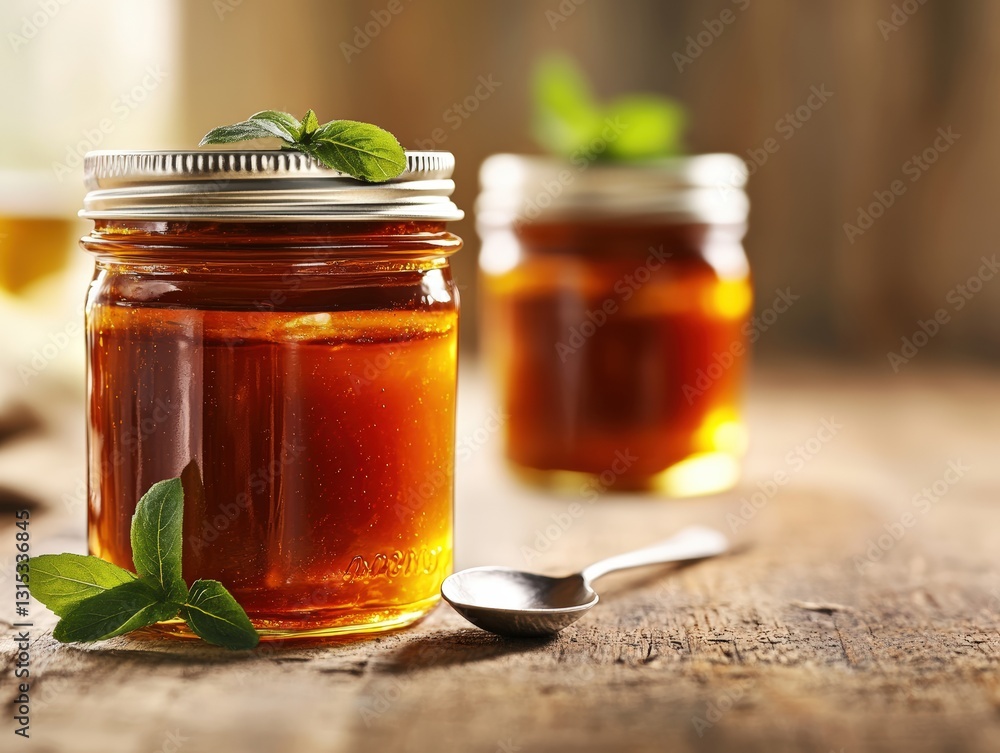Aufkleber perfectly styled jar of honey with a spoon resting on a table creating a rustic and natural culinary