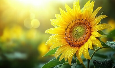 Close-up of a vibrant sunflower with droplets of water, symbolizing warmth and vitality.
