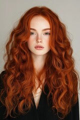 Fototapeta premium A woman with long red hair and a black dress. She has a very pretty face and is wearing a black dress