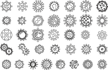 Silhouette set of vector illustrations of simple shapes of various virus icons and pictograms
