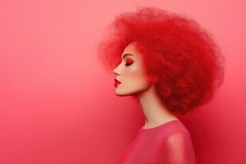 A woman with red hair and red makeup is standing in front of a pink background. Concept of boldness and confidence, as the woman's vibrant hair and makeup draw attention to her