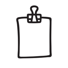 Doodle Paper with Binder Clip icon hand drawn with black line in freehand style. Vector illustration isolated on white background