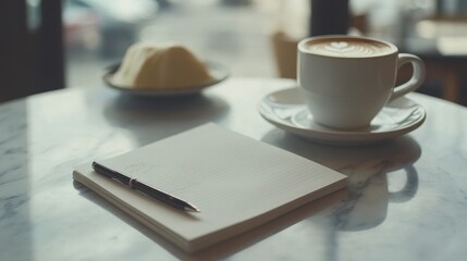 Coffee Break: Latte Art and Notebook on Marble Table