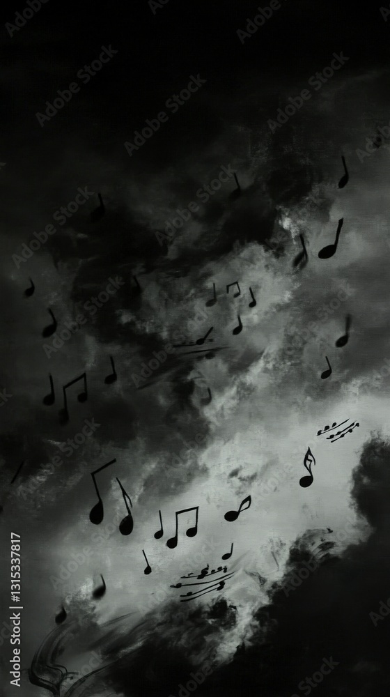 Poster Notes in dark sky with clouds abstract art style