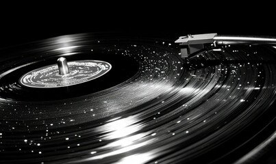 A close-up of a turntable needle on a spinning vinyl record.