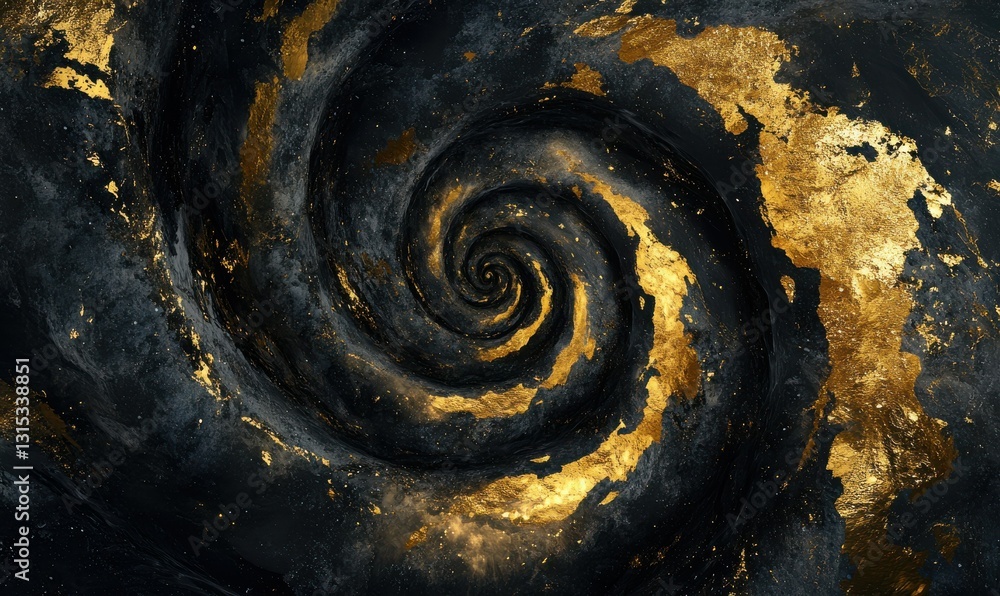 Poster cosmic spiral galaxy swirling in deep black and golden tones, illuminated by subtle starlight creati