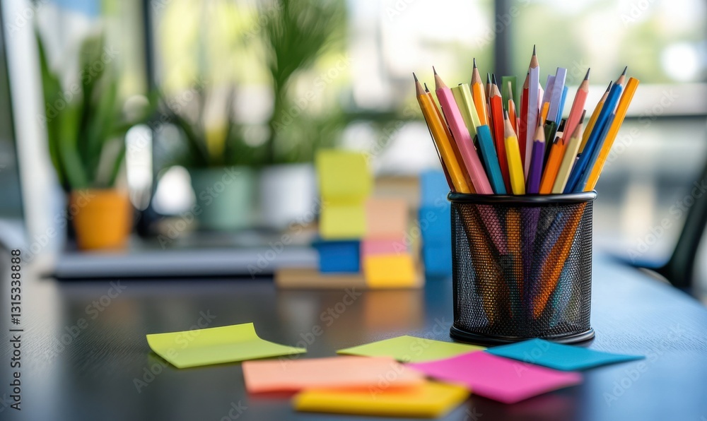 Poster vibrant networking event setup with colorful sticky notes, pens, and a cup of pencils in a modern of