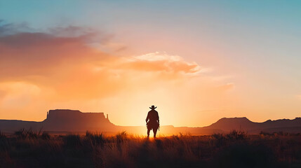 Fototapeta premium Silhouetted Cowboy on Horseback in a Desert Landscape at Sunset with Dramatic Sky