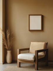 A comfortable chair with a blank picture frame on the wall