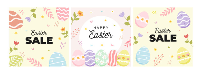 Happy Easter set of sale banners, greeting cards, posters, holiday covers. Cute eggs with spring flowers in pastel colors