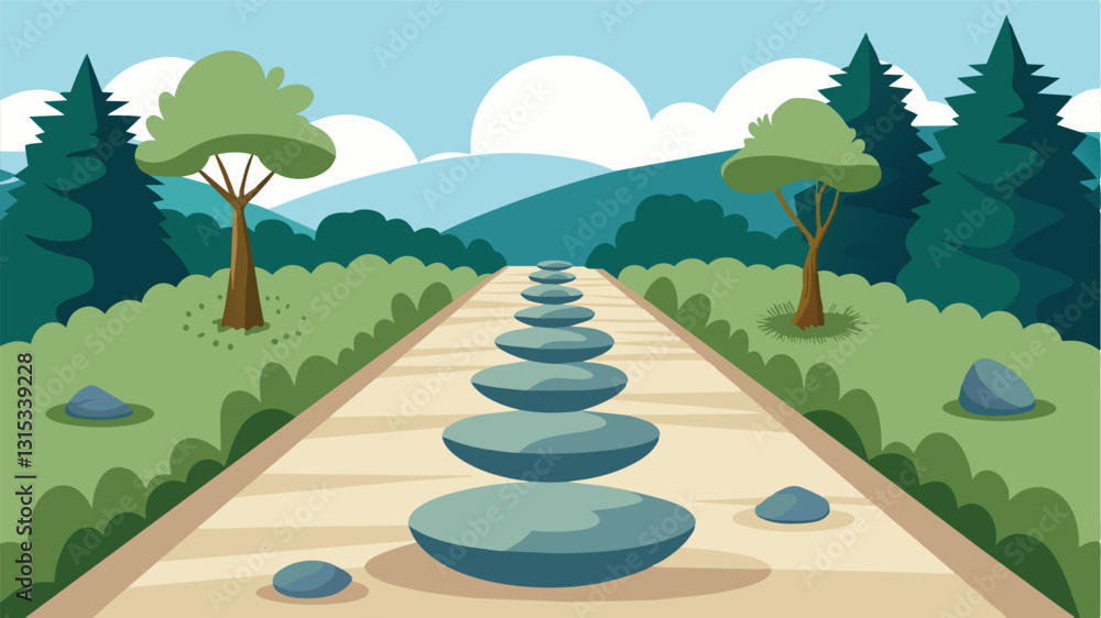 Poster a walking path lined with smooth stones encouraging visitors to slow down and focus on each step as 