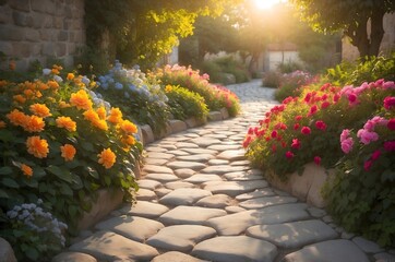 Sunlit cobblestone path with vibrant flowers and a warm golden glow, evoking tranquility and natural beauty