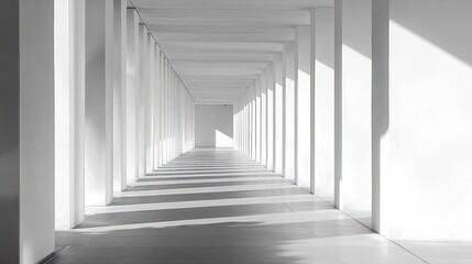 Obraz premium Architectural marvel: A monochromatic perspective of a modern hallway bathed in sunlight, showcasing the interplay of light and shadow along its length.