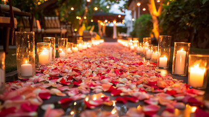 A wedding aisle lined with fresh flower petals and glowing candles