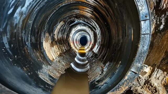 Looking down a large cylindrical sewer tunnel with water reflecting light in the center, surrounded by dark walls