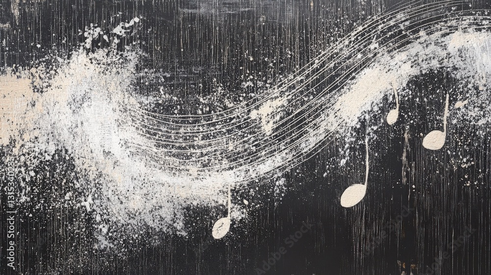 Poster dynamic musical notes swirling on a textured canvas