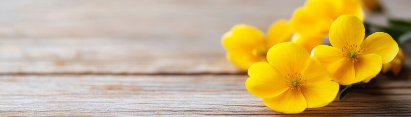 Fototapeta premium Dreamy soft-focus yellow blossoms against textured wood, romantic mood