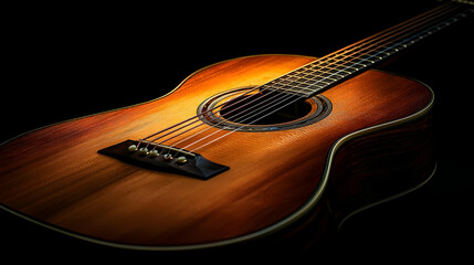 Fototapeta premium Warm Light Illuminates A Polished Acoustic Guitar With Detailed Wood Grain On A Dark Background