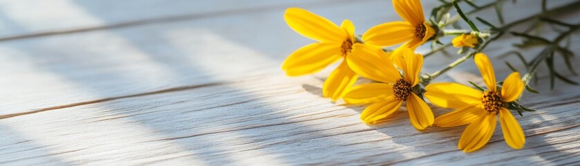 Obraz premium Soft-focus macro of yellow flowers casting shadows on aged wood